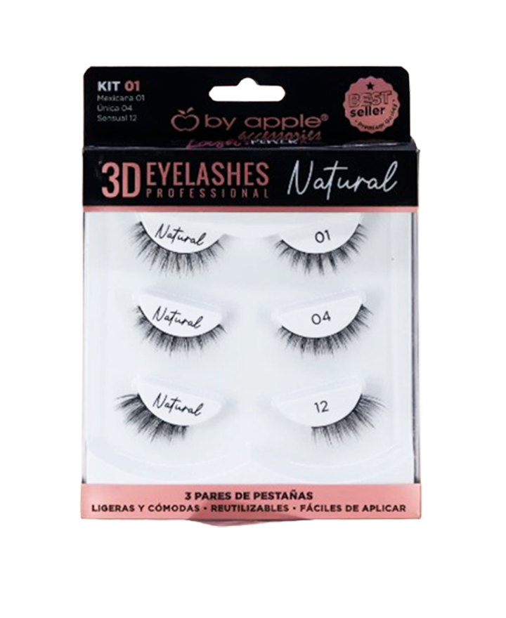 BY APPLE 3D EYELASHES NATURALES KIT 01 ( 01 MEXICANA, 04 UNICA, 12 SENSUAL)66305