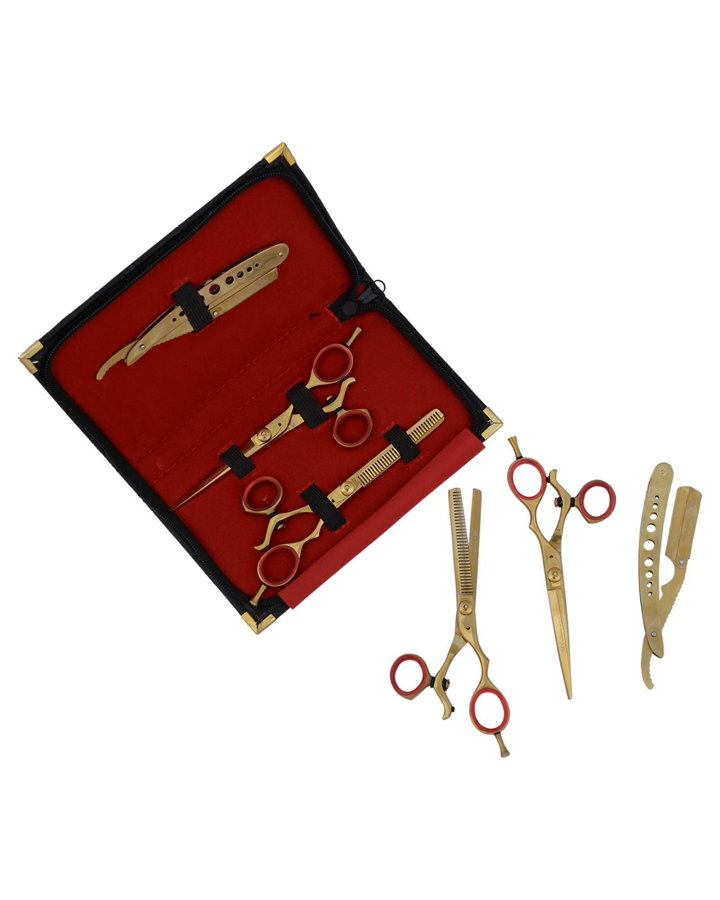 MS KIT 3 PZAS. TIJERA/ LINEAL ENTRESACAR #6.5 PULGAR GIRAT.PORTANAVAJA DORADA