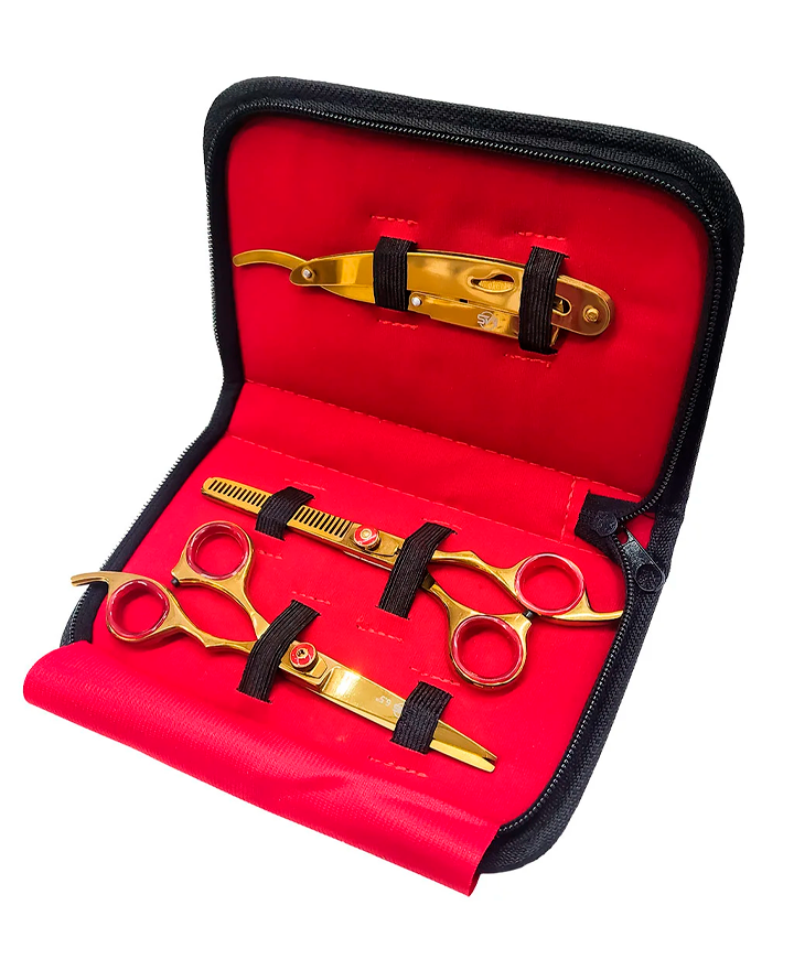 MS KIT 3 PZAS. TIJERA LINEAL/ ENTRESACAR 6.5" PORTANAVAJA DORADA CON ARILLO ROJO