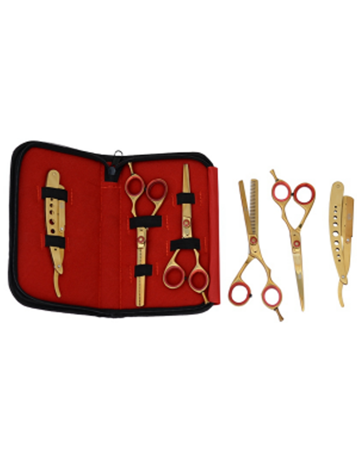 MS KIT 3 PZAS. TIJERA/ LINEAL ENTRESACAR #5.5 GRABADO PORTANAVAJA GOLD