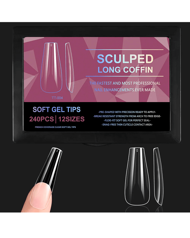 SOFT GEL TIPS SCULPED LONG COFFIN 240 PIEZAS TT-004