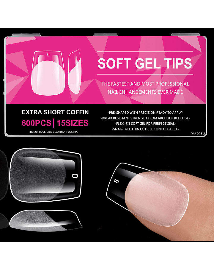 SOFT GEL TIPS EXTRA SHORT COFFIN 600 PIEZAS YU-008-2