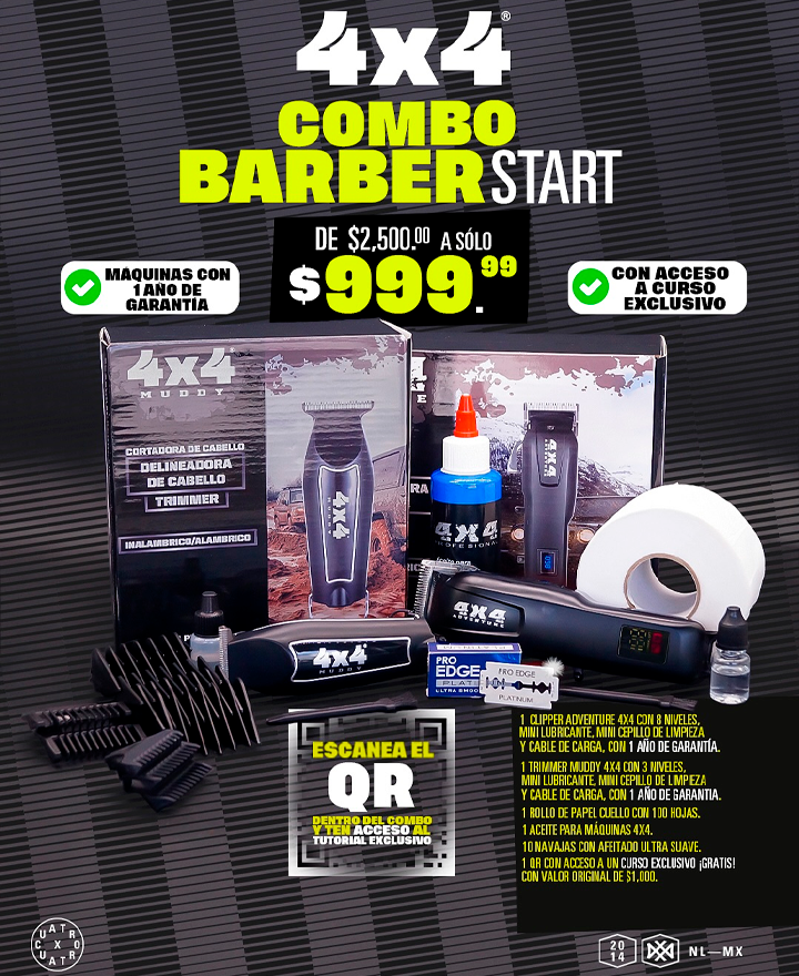4X4 COMBO BARBER STAR 2 MAQUINAS /ACEITE/CEPILLO/NAVAJAS/PAPEL CUELLO
