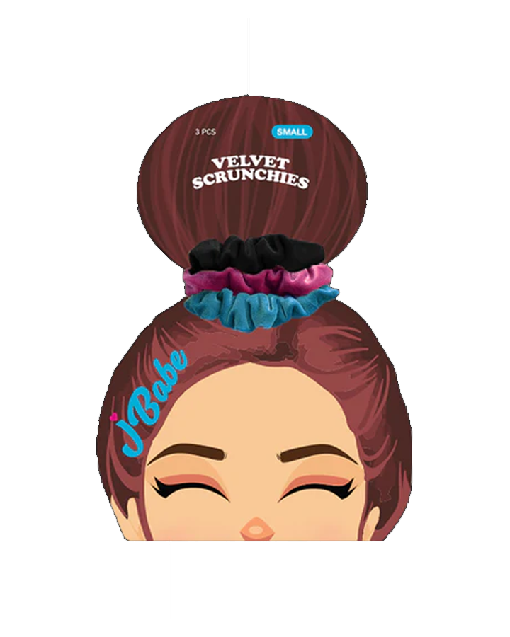 J BABE VELVET SCRUNCHIES SMALL NEGRO/AZUL/VINO 3 PZS VS12