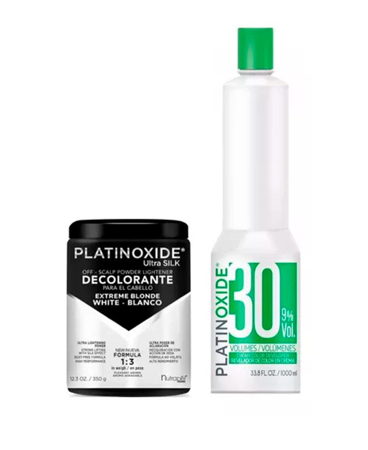 PLATINOXIDE DECOLORANTE BLANCO ULTRA SILK 350 G. + PEROX. LITRO DESB