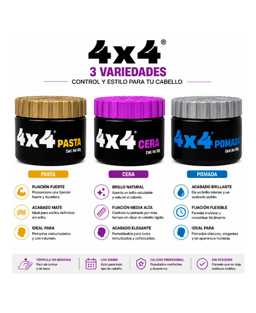 4X4 KIT 3 PACK POMADA + PASTA + CERA 100 GRS.