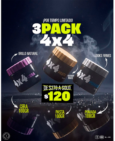 4X4 KIT 3 PACK POMADA + PASTA + CERA 100 GRS.