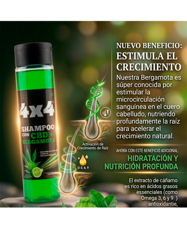 4X4 SHAMPOO CON CBD + BERGAMOTA 500 GRS.