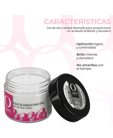 ORGANIC POLVO ACRILICO EXTRA DRY ULTRA WHITE 1 OZ./28 GRS.