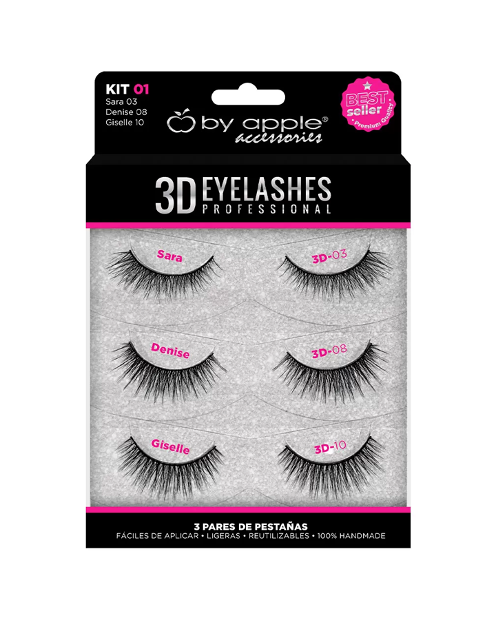 BY APPLE 3D EYELASHES 3 PARES KIT 01 (DENISSE 08, SARA 03 , GISELLE 10)