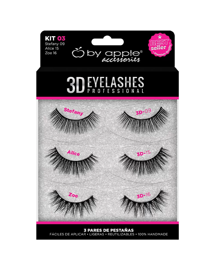 BY APPLE 3D EYELASHES 3 PARES KIT 03 ( 09 STEFANY,15 ALICE, 16 ZOE) 64954