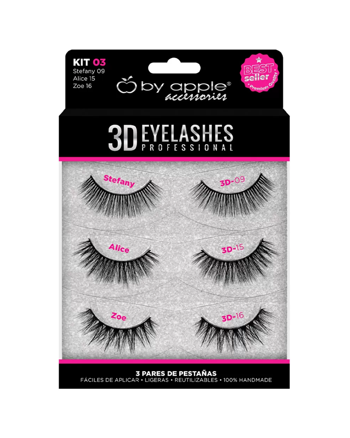 BY APPLE 3D EYELASHES 3 PARES KIT 03 ( 09 STEFANY,15 ALICE, 16 ZOE)