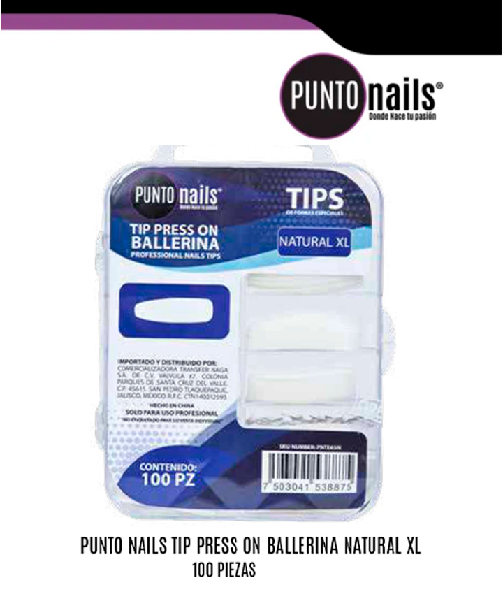 PUNTO NAILS TIP PRESS ON BALLERINA NATURAL XL 100 PZS.
