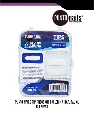 PUNTO NAILS TIP PRESS ON BALLERINA NATURAL XL 100 PZS.