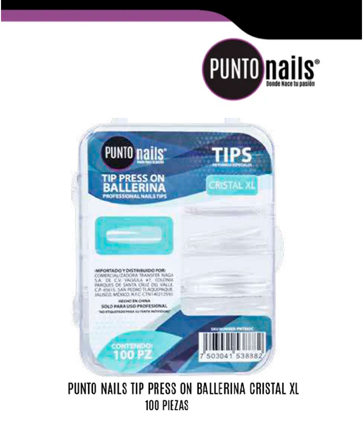 PUNTO NAILS TIP PRESS ON BALLERINA CRISTAL XL 100 PZS.