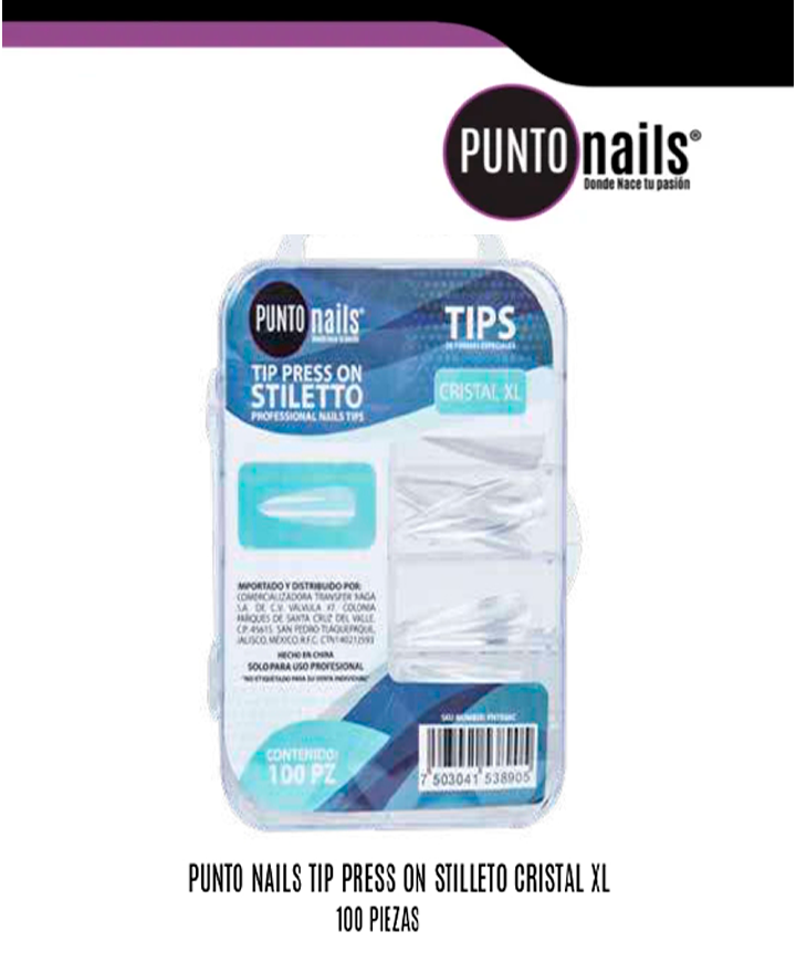 PUNTO NAILS TIP PRESS ON STILLETO CRISTAL XL 100 PZS.