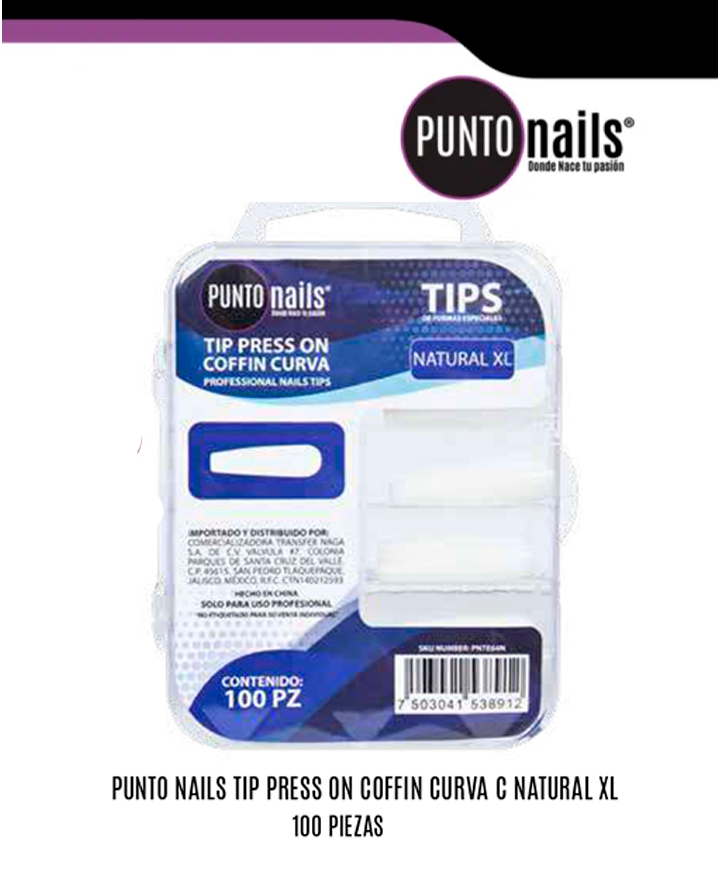 PUNTO NAILS TIP PRESS ON COFFIN CURVA C NATURAL XL 100 PZS.