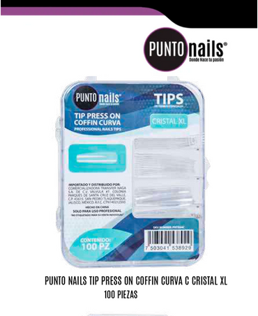 PUNTO NAILS TIP PRESS ON COFFIN CURVA C CRISTAL XL 100 PZS.