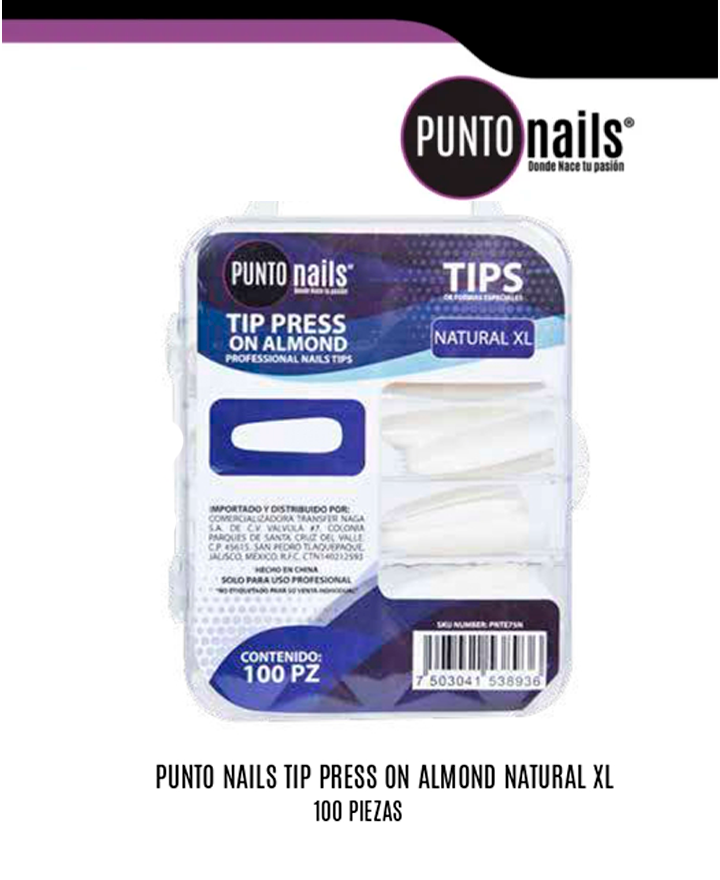 PUNTO NAILS TIP PRESS ON ALMOND NATURAL XL 100 PZS.