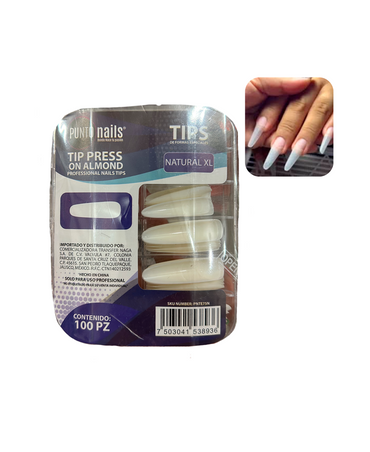 PUNTO NAILS TIP PRESS ON ALMOND NATURAL XL 100 PZS.