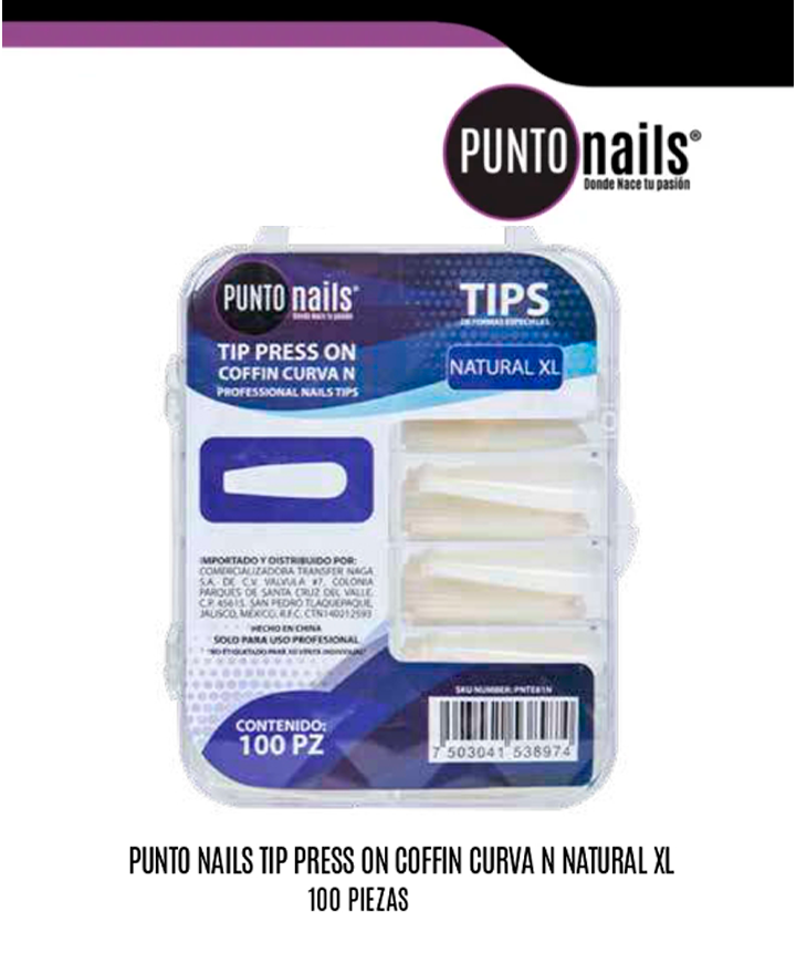 PUNTO NAILS TIP PRESS ON COFFIN CURVA N NATURAL XL 100 PZS.