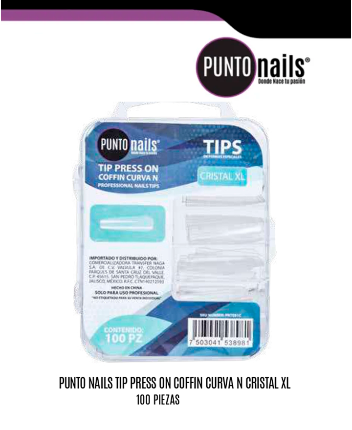 PUNTO NAILS TIP PRESS ON COFFIN CURVA N CRISTAL XL 100 PZS.