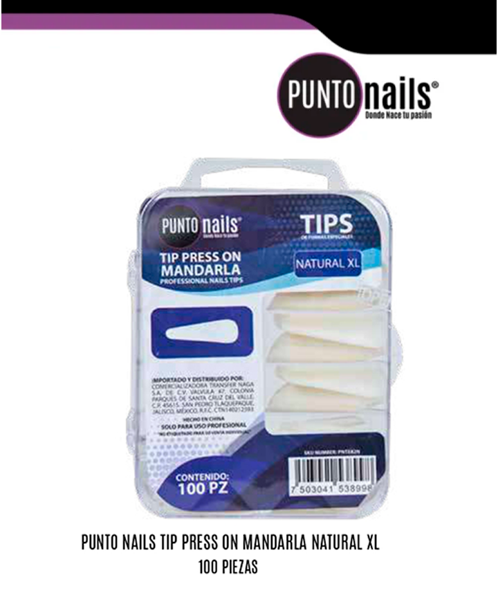 PUNTO NAILS TIP PRESS ON MANDARLA NATURAL XL 100 PZS.