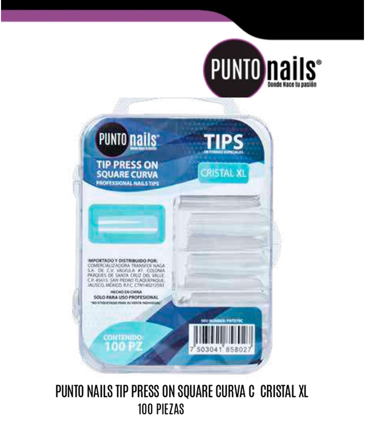 PUNTO NAILS TIP PRESS ON SQUARE CURVA C CRISTAL XL 100 PZS.