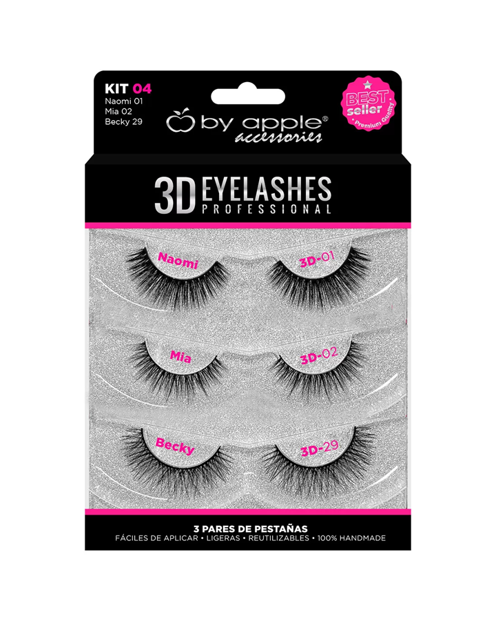 BY APPLE 3D EYELASHES 3 PARES KIT 04 ( 01 NAOMI, 02 MIA, 29 BECKY)