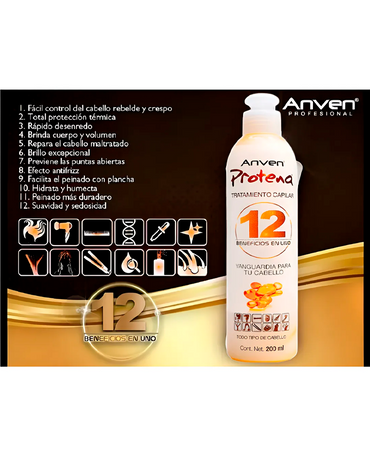 ANVEN PROTEINA TRATAMIENTO 12 BENEFICIOS TERMOPROTECTOR 200 ML. - El Palacio De La Belleza
