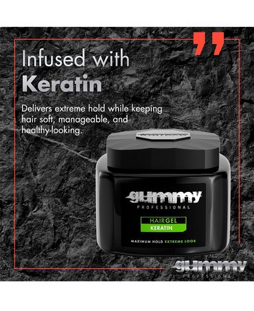 GUMMY HAIR GEL MAXIMUM HOLD & EXTREME LOOK KERATIN 500 ML.