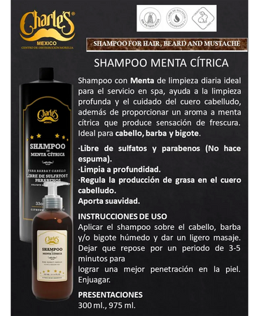 CHARLES SHAMPOO CON MENTA CITRICA BARBA Y CABELLO 960 ML.