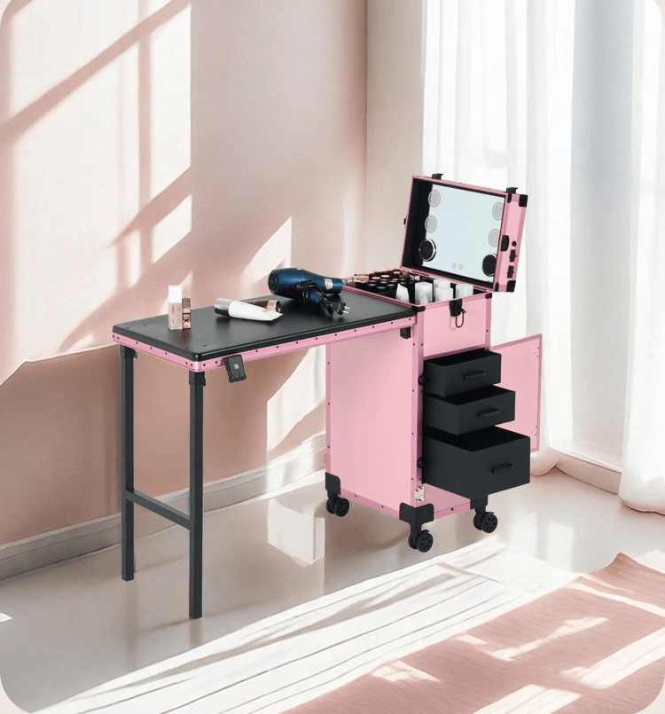 MESA PROFESIONAL DE UÑAS PORTATIL CON RUEDAS ROSA AUDIO BLUETOOTH 00047