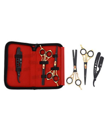 MS KIT 3 PZAS. TIJERA/ LINEAL ENTRESACAR #5.5  PORTANAVAJA NEGRO/DORADO AJUSTABLE ROJO