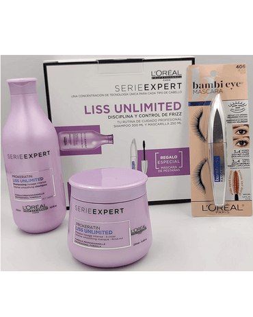 LP LOREAL SERIE EXPERT LISS UNLIMITED SHAMPOO/MASCARILLA/MASCARA PESTAÑAS COFRE